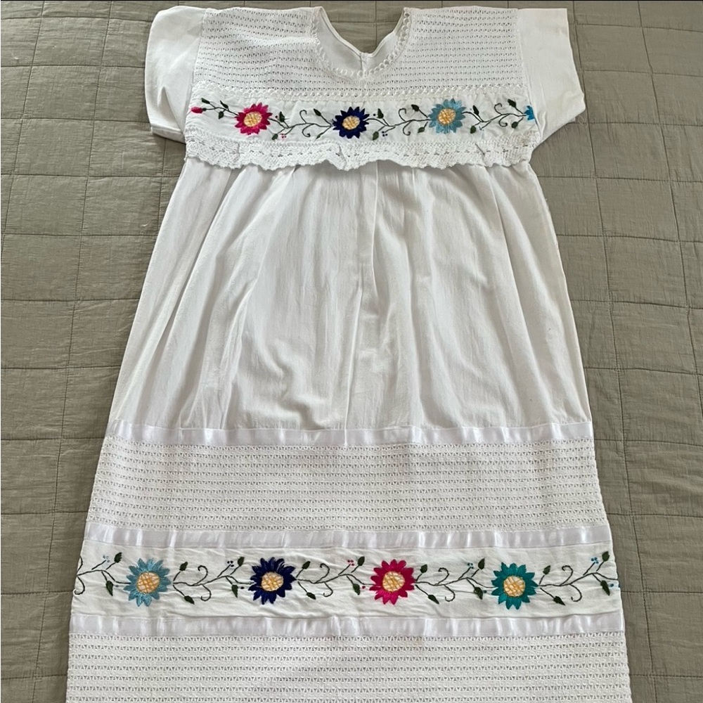 Embroidered Mexican Cotton Wedding Dress W/Embroidery/Tatting/Ribbon Trim Small